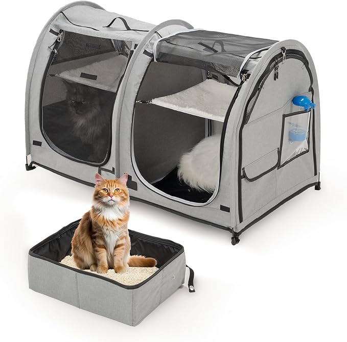 Portable Twin Compartment Show House Cat Cage Condo,Comfy Puppy Home Dog Travel Crate with Carry Bag,2 Hammocks and Mats & Collapsible Litter Box and Water Bottle