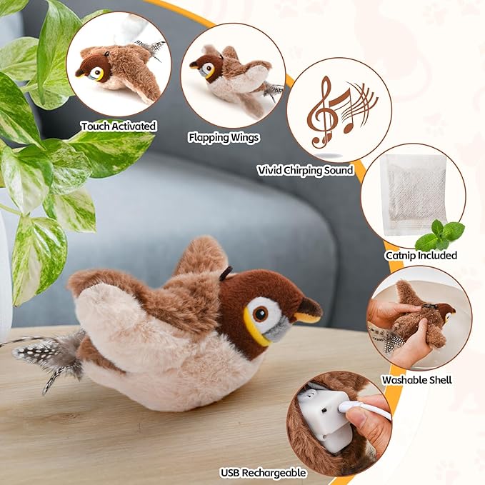 Flappy Bird Cat Toy for Indoor Cats, Simulated Chirping Flapping Wings Bird, Interactive Catnip Toys, Plush Kitten Exercise Toys (Brown Sparrow)