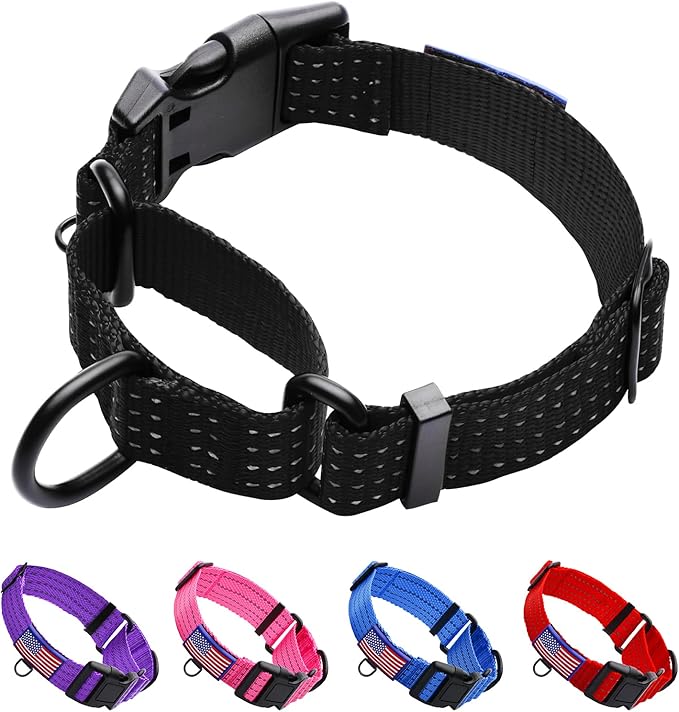 Martingale Collar for Training Dogs. Adjustable Reflective Collars with Buckle-USA Flag- NO Pull-Prevents Slipping Out, for Medium Large XL Dogs. Helps with Strong pullers(L, Black)