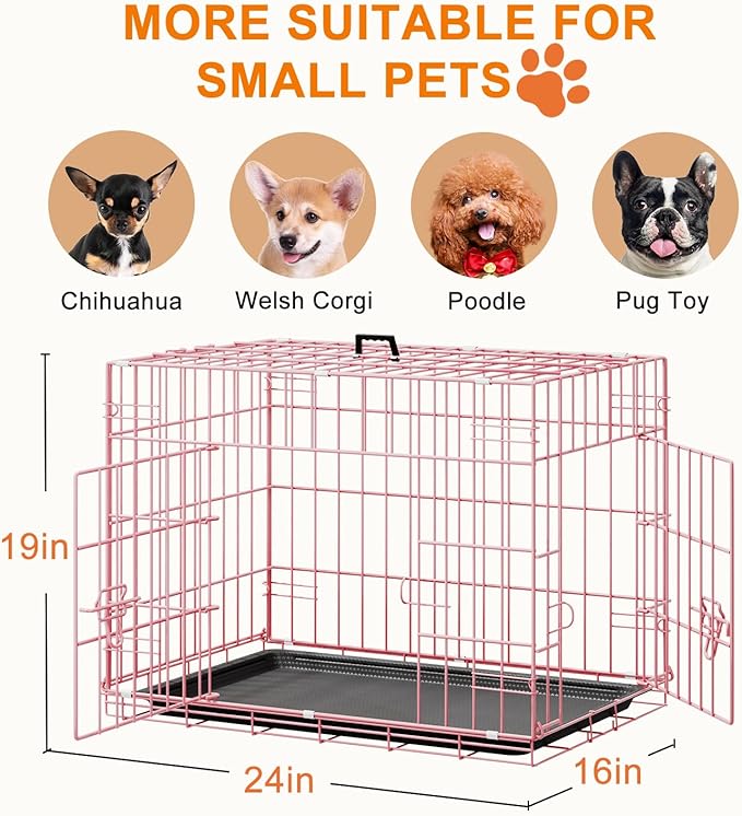 FDW 24inch Dog Crate Pet Cage with Metal Folding Design Plastic Tray Indoor Outdoor Dog Kennel Cage for Small Dogs,Pink