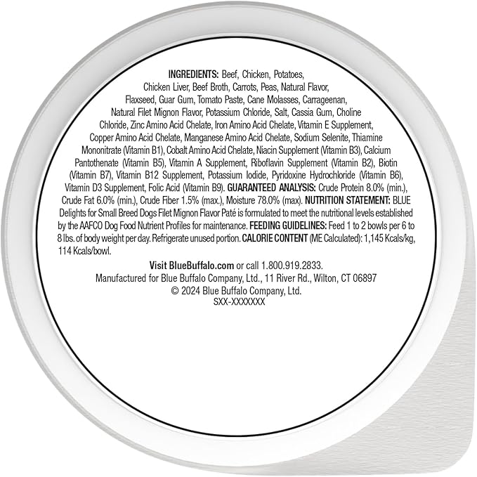 Blue Buffalo Delights Natural Adult Small Breed Wet Dog Food Cups, Pate Style, Filet Mignon Flavor in Savory Juice 3.5-oz (Pack of 12)