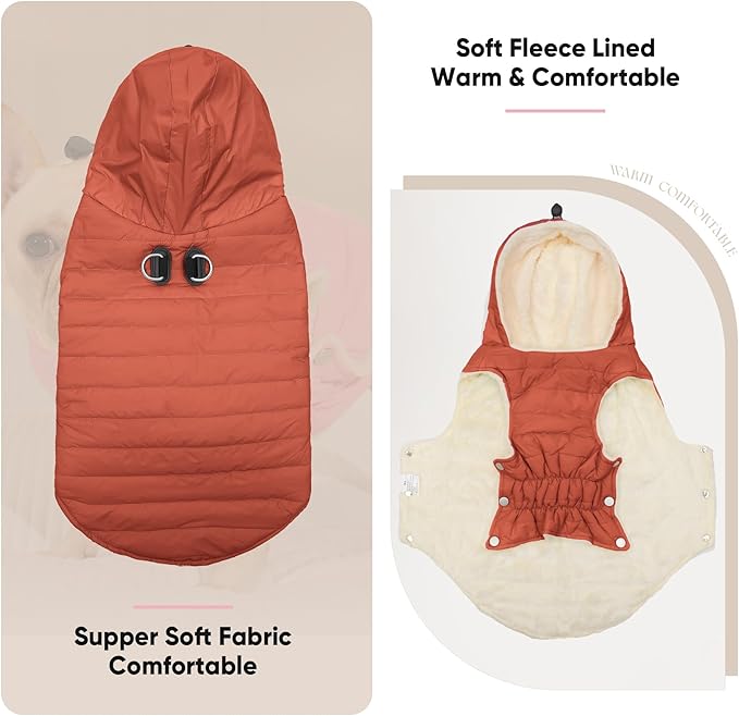 Fleece Lining Dog Hoodie with Harness Built in,Extra Warm Large Dog Jacket in Winter Doggie Coats with Drawstring Hooded,Orange XXXL