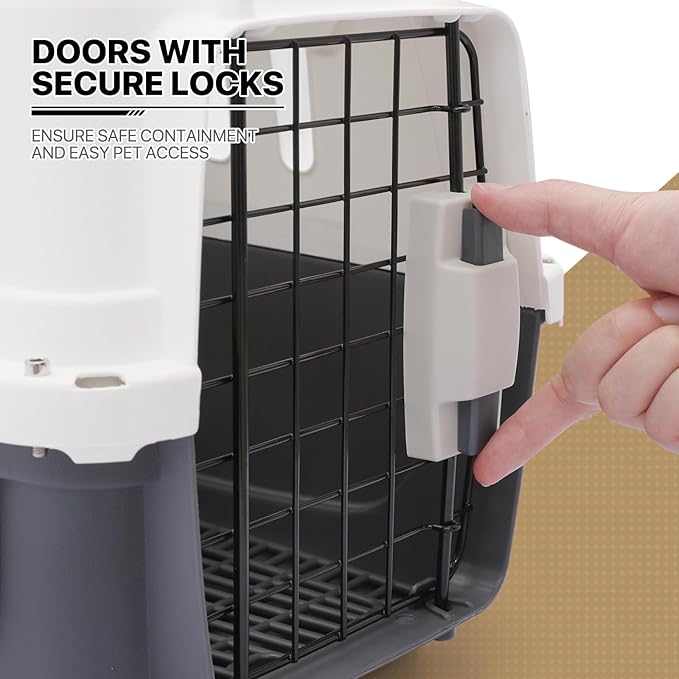 MoNiBloom 18-Inch 2-Door Top Loading Cat Carrier, Plastic Dog Crate Hard-Sided Dog Travel Carrier for Small Dogs and Cats, Ventilation and Security Lock Design for Pets up to 10 lbs (Grey)