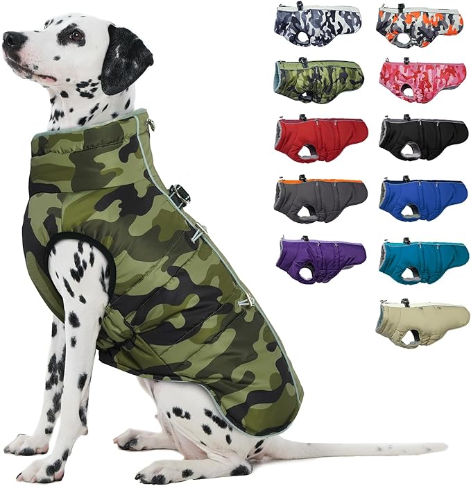 Dog Coat - Warm Zip Up Snowsuit for Large Dogs, Reflective, Water-Resistant, Camouflage