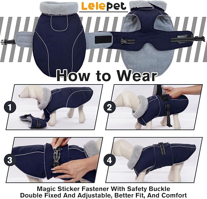 Lelepet Warm Dog Coat Reflective Fleece Vest Waterproof Dog Jacket with Adjustable Buckle Hook & Loop Windproof Cold Weather Coats for Small Medium Large Dogs, Navy Blue, L