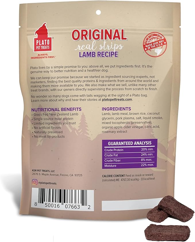 PLATO Pet Treats Real Strips - Air-Dried Meat Bars for Dogs - Delicious, Limited Ingredient Dog Treats - Grain Free - Original Real Strips Lamb 6oz