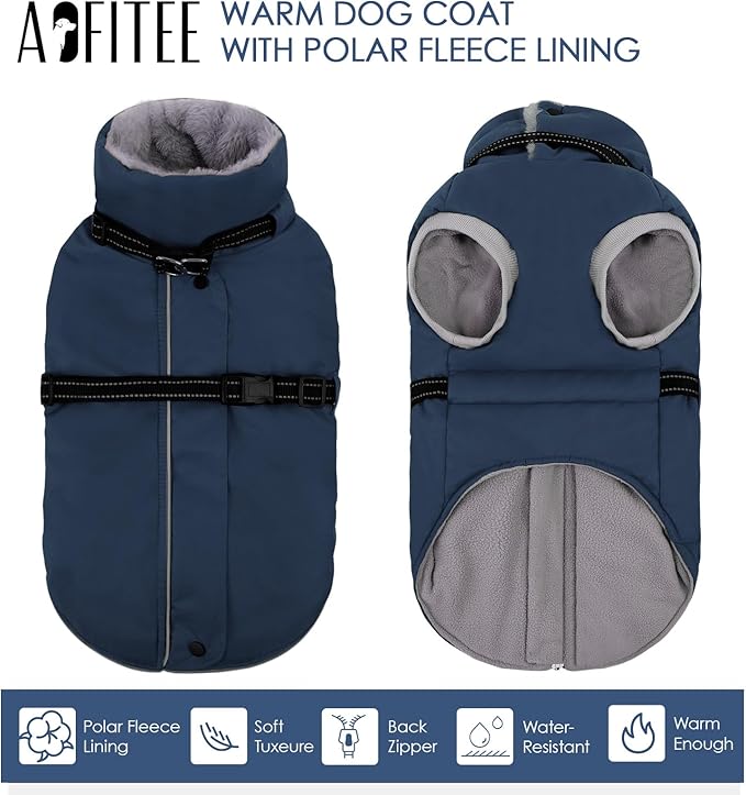AOFITEE Small Dog Coat with Harness Built in, Fleece Dog Winter Jacket, Reflective Puppy Winter Coat with Zipper On Back, Warm Turtleneck Pet Sweater Windproof Puffer Jacket for Chihuahua, Yorkie, XS