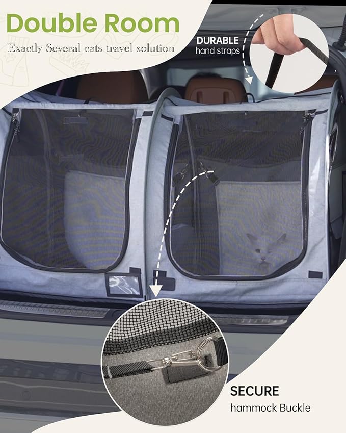 Portable Twin Compartment Show House Cat Cage Condo,Comfy Puppy Home Dog Travel Crate with Carry Bag/2 Hammocks/Mats & Collapsible Litter Box and Water Bottle