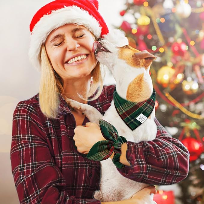 E-Clover Christmas Dog Bandana & Matching Scrunchie Green Red Plaid Pet Dog Scarf Cute Dogs Costumes Accessories for Small Medium Large Dogs