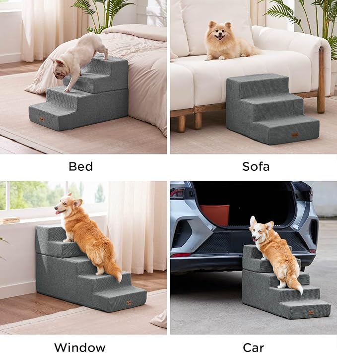 Made4Pets Dog Steps for Bed, Extra Wide Dog Stairs for High Bed Couch Sofa, 35D Foam Pet Steps for Small Dogs and Cats(Up to 40lbs), Non-Slip Bottom Pet Stairs, Grey, 4 Steps