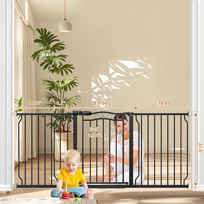 Extra Wide Baby Gate 62.2-71.6" for Stairs No Drilling, 30" Tall Auto Close Press Mounted for Doorways, Adjustable Width Walk Through Long Gates for Kids or Pets, Black