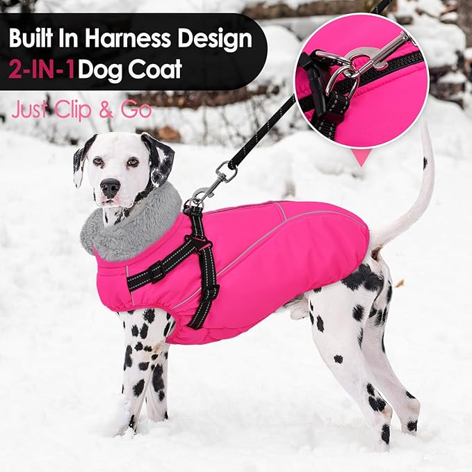 AOFITEE Dog Coat for Large Dogs, Waterproof Dog Jacket with Harness Built in, Warm Fleece Pet Puffer Jacket with Zipper, Cold Weather Coats for Dogs Outdoor, Reflective Pet Snowsuit, Pink XL