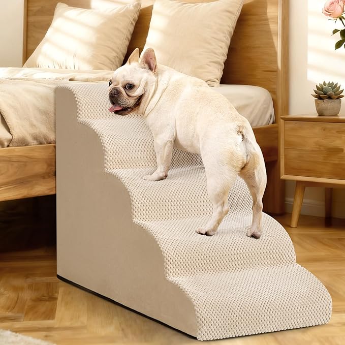Dog Stairs for High Bed,5 Step Dog Ramp for Small and Medium Dogs,Pet Stairs with Non-Slip Bottom for Puppy, Older Cat,Indoor Pet Steps,Comfort,Durable,22.4" H,Beige