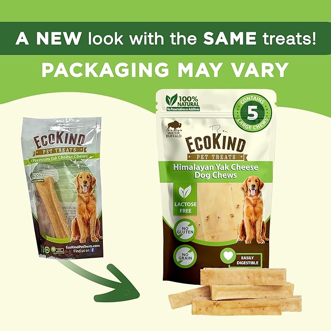 EcoKind Premium Gold Yak Cheese Himalayan Dog Chews, Healthy Dog Treats for Large Dogs, All Natural, High Protein Dog Chew, Water Buffalo, Large - 5 Chews