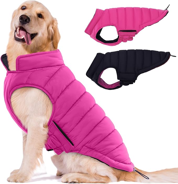 Lelepet Reversible Dog Coat Waterproof Dog Jacket Windproof Puffer Vest for Winter Warm Lightweight Coats for Large Dogs Adjustbale Hook & Loop Pet Apparel with Leash Hole, Golden Retriever, 3XL