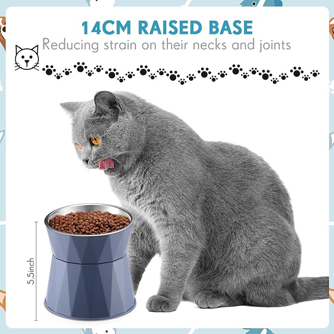 Lallisa 2 Pcs Elevated Cat Bowls Adjustable Raised Cat Feeder Non Slip Food Water with Stand Safe Stainless Steel Bowls with Pet Food Stand for Pets Feeding Eating(Blue)