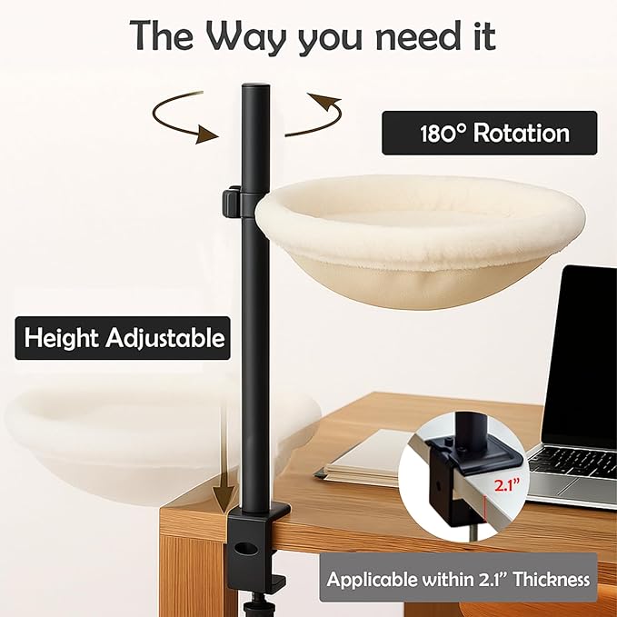 Cat Desk Bed - 360° Rotating & Height Adjustable, Cat Bed for Desk with Hammock, Sturdy Cats Bed for Desk with Removable Washable Cover, Supports Up to 50lbs, for Indoor Cats (14", Plush)