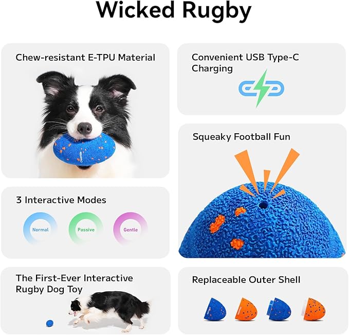 Cheerble Smart Interactive Dog Toy, Wicked Rugby, Squeaky Dog Toy Football, Automatic Moving, Bouncing, and Rotating, E-TPU Material, Bouncing Fetch Toy for Indoor/Outdoor Use and Small to Large Dogs