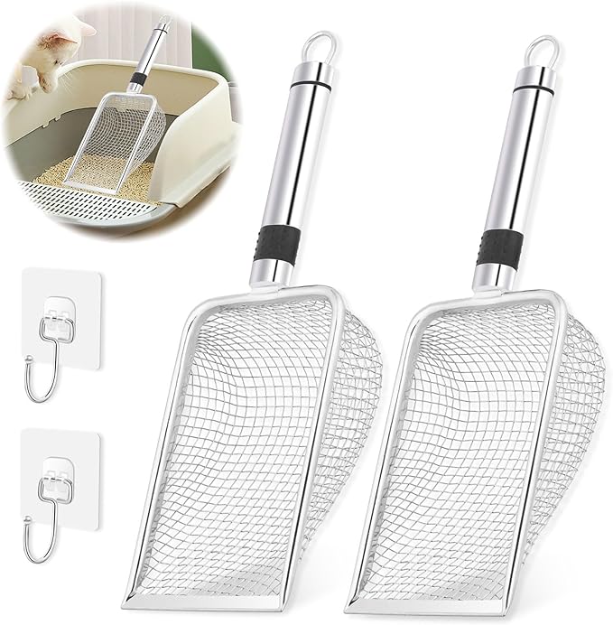 AccEncyc Cat Litter Scoop 2PCS Stainless Steel Mesh Litter Shovel Poop Sifting Litter Box Scooper with 2 Self-Adhesive Hooks, Kitten Pooper Lifter for Litter Box
