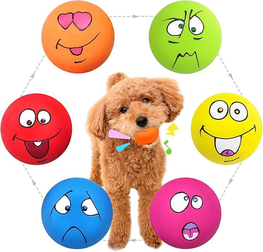 Dog Squeaky Toys Balls for Teething Puppies, Small, Medium Dogs, Latex Smiley Face Bouncy Cute Face Pet Dog Toys 6 Pcs/Set