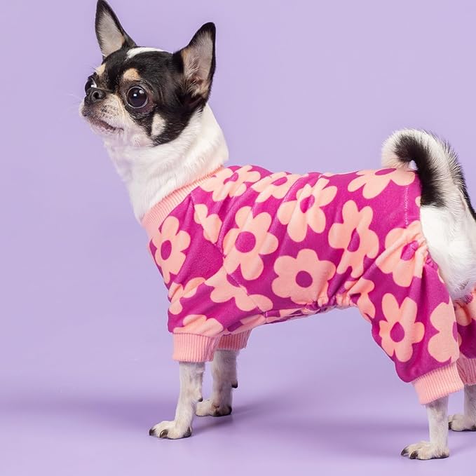 Fitwarm Flower Fleece Dog Pajamas, Warm Winter Dog Clothes for Small Dogs Girl, Cozy Pet Onesie with Feet, Pink, XS
