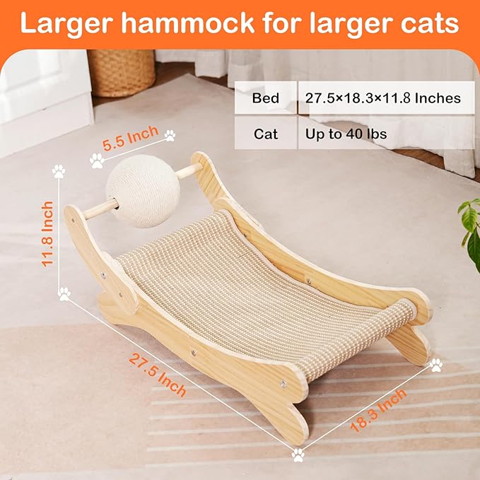 Cat Scratcher Bed Natural Sisal Cat Scratch Chair Hammock 27.5 Inch Extra Large Scratching Post Lounger Pad with Large Sisal Toy Ball for Indoor Cats