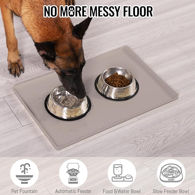 MateeyLife Dog & Cat Food Mat, Waterproof & Nonslip Silicone Feeding Mats for Dogs and Cats, Raised Edge Tray for Messy Drinkers, 22"x14", Taupe