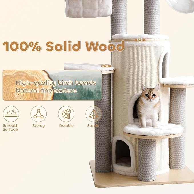 63'' Tall Castle Cat Tree House for Maine Coon,Solid Wood Modern Cat Tower for Indoor Large Cats,Multi-Level Heavy Duty Luxury Cat Condo with Sisal Scratching Post,Perch,Cushion,Hammock for Mult-Cats