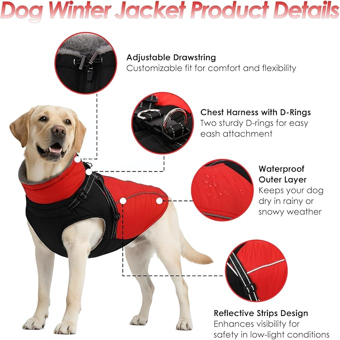 ASENKU Reflective Dog Coat with Built-in Harness, Windproof Fleece-Lined Dog Jacket for Small, Medium, Large Dogs, Warm Winter Vest with Turtleneck & Zipper (Red 2XL)