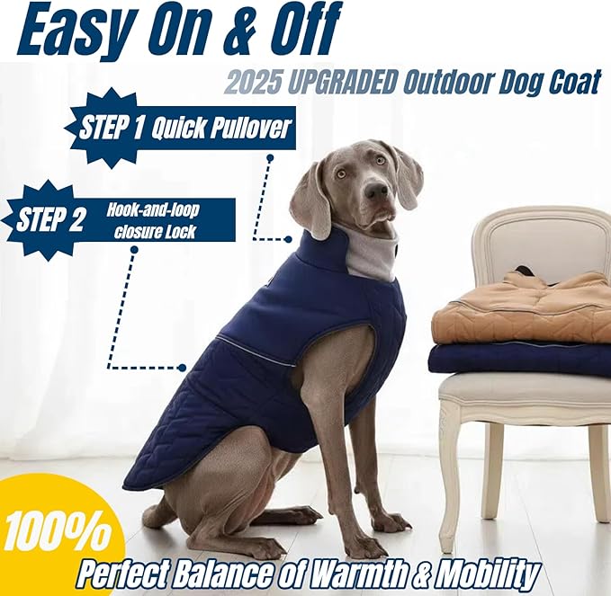 Outdoor Classic Quilted Upgraded Dog Winter Coat, Waterproof & Ultra Warmth Coats for Large Dogs, Lightweight Jackets Chest Adjustable, Pet Turtleneck Snowsuit for Labrador Dalmatian(Blue, 2XL)