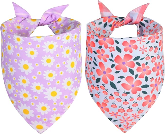 Summer Dog Bandanas Girl XLarge 2PCS, Purple Pink Daisy Scarf, Durable Triangle Reversible Spring Bibs Handkerchief for Puppy Pet