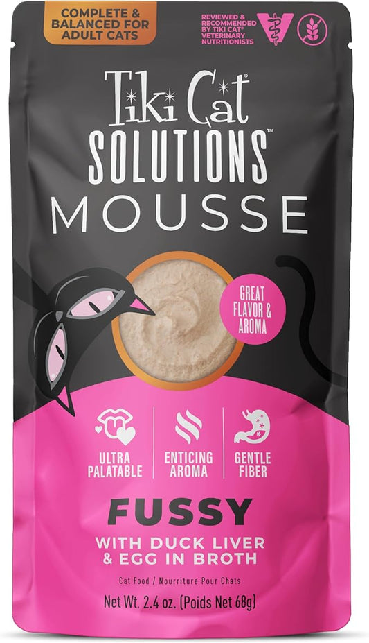 Tiki Cat Solutions Fussy Mousse, Duck Liver & Egg, Specially Formulated to Support Healthy Digestion, Functional Wet Cat for Adult Cats, 2.4 oz. Pouch (12 Count)