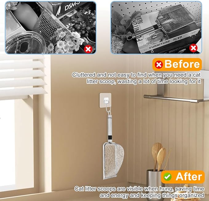 AccEncyc Cat Litter Scoop 2PCS Stainless Steel Mesh Litter Shovel Poop Sifting Litter Box Scooper with 2 Self-Adhesive Hooks, Kitten Pooper Lifter for Litter Box