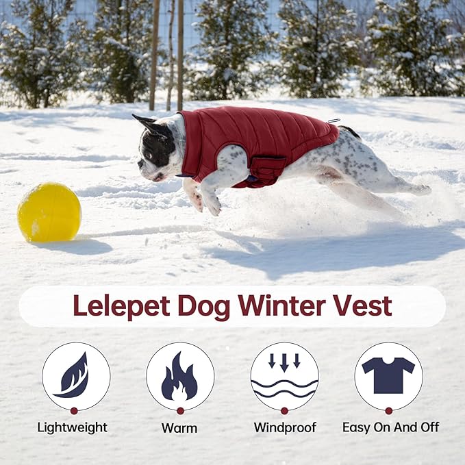Lelepet Reversible Dog Coat Waterproof Dog Jacket Windproof Puffer Vest for Winter Warm Lightweight Coats for Small Dogs Adjustbale Hook & Loop Pet Apparel with Leash Hole, Shih Tzu, Wine Red, S