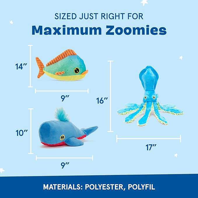 Barkbox Under The Sea Bundle - 3 Toys for Medium and Large Dogs - Squeaky Dog Toy, Tug Toy, Plush Chew Toys - Maggie Mahi, Shify Sid The Squid, Moby Lick