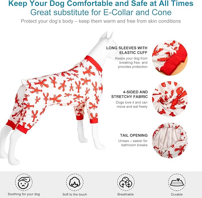 LovinPet Dog Recovery Bodysuit for Large Dogs Boy, Wound Care Cotton Pullover Dog Pajamas, Cozy Stretchy Fabric, Red Lobster Print, Large Dog Onesie for Surgery Recovery, Pitbull Party Clothes,2XL