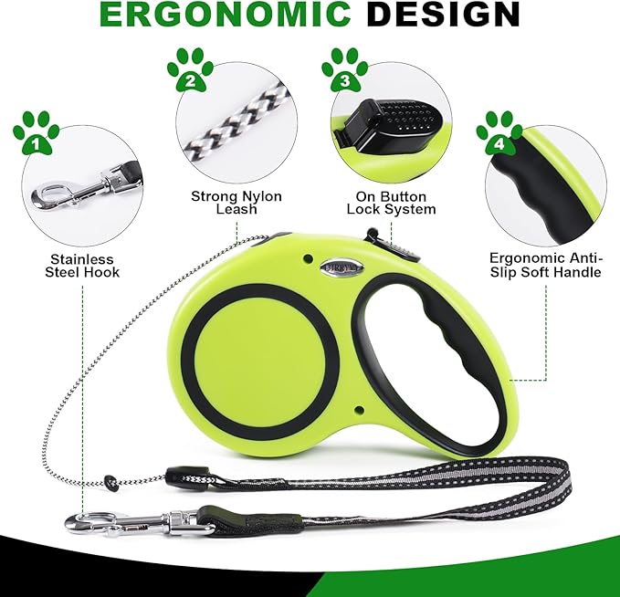 30FT Retractable Dog Leash 30 FT，360° Tangle-Free Dog Walking Leash forMedium and Large Dogs up to 77 lbs one-Hand Brake, one-Button Pause, Lock（Green）