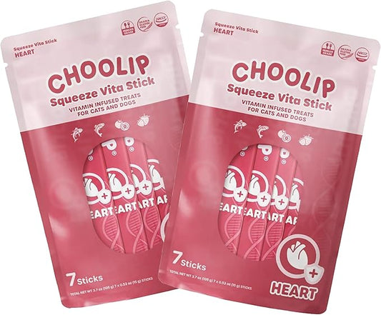 Choolip 2-Pack | Squeeze Vita Stick Lickable Treats for Dogs & Cats. 7 Heart Support Sticks with Essential multivitamins. Soft and Tasty Paste for All Life Stages, Supporting Heart Health