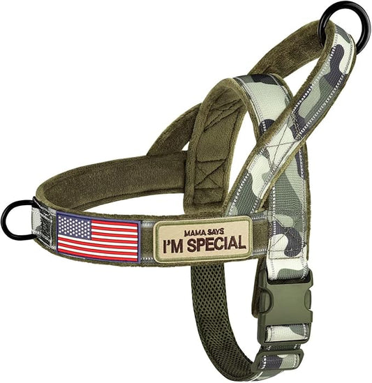 Forestpaw No Pull Dog Harness with Large Handle,Slip on Reflective Vest with Quick Release Buckle,Comfortable Flannel Lining for Medium Large Dogs Walking Training (Includes 3 Patches),Green Camo M