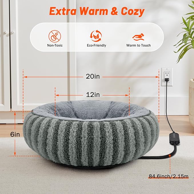 Toove Heated Cat Bed Indoor - 20" Heating Donut Pet Bed for Cats and Small Dogs, Ultra Soft & Cozy Sleeping Cat Beds, Machine Washable, Waterproof & Safe Warming with Timer and Temperature Control