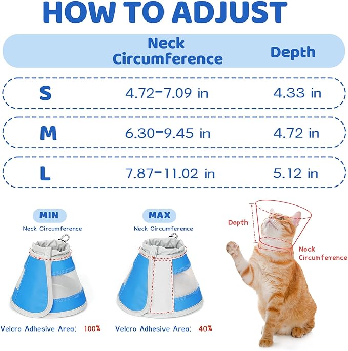 Breathable Air Mesh Cat Cone Collar Soft to Stop Licking, Adjustable, Foldable Lightweight Kitten Cones After Surgery Recovery for Cats & Kittens (Light Blue,L)