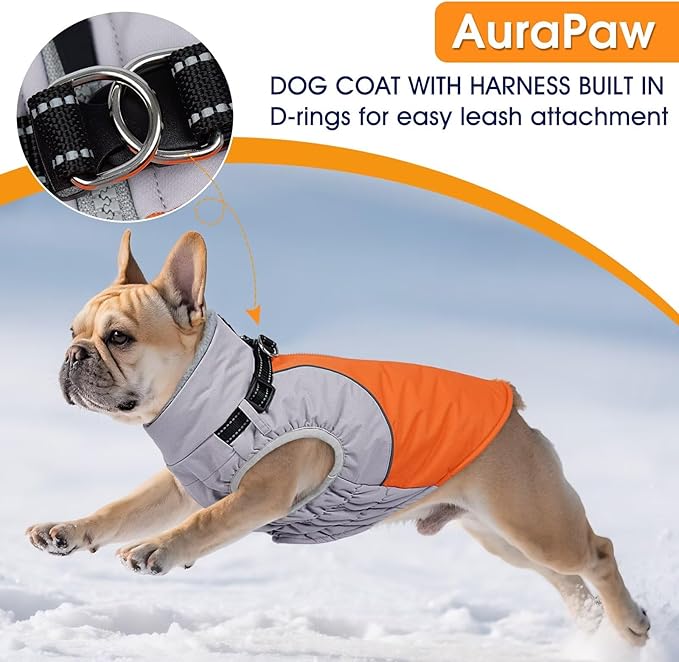 Dog Coat Waterproof,Warm Dog Winter Jacket with Harness Built in Windproof Snow Jakcet with Fleece Lining Reflective Thermal Cold Weather Coats for Large Dogs,Windproof Pet Snowsuit,Orange,L