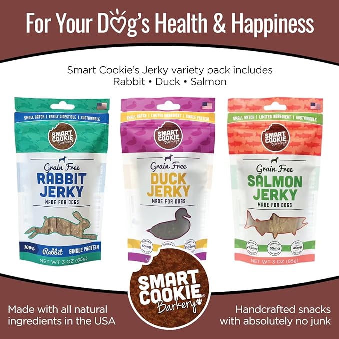 Smart Cookie Jerky Dog Treats - 3 Flavor Variety Pack - Rabbit, Salmon & Duck Jerky - Training Treats for Dogs, Puppies with Allergies, Sensitive Stomachs - Grain Free, Made in USA - 3oz