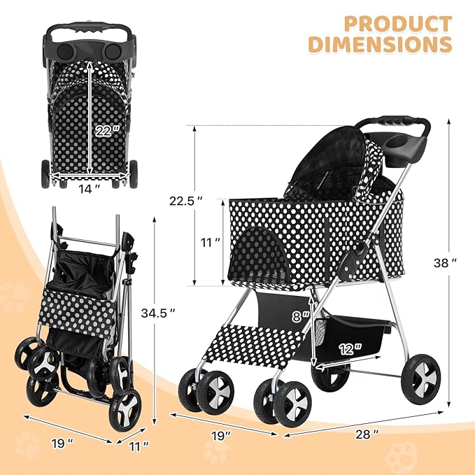 Magshion Foldable Pet Stroller, 3-in-1 Dog Travel Jogger with Detachable Carrier, Cup Holder, Storage Basket, Folding Carrier for Small/Medium Dogs & Cats Up to 33 lbs, Black Polka Dots