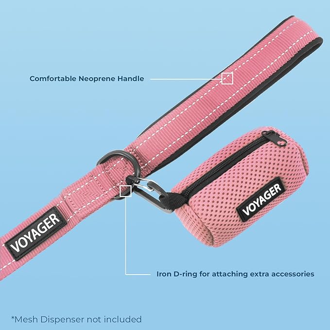 Voyager Reflective Dog Leash Collar Set with Neoprene Handle Supports Small, Medium, and Large Breed Puppies, Cute and Heavy Duty for Walking, Running, and Training - Pink, L