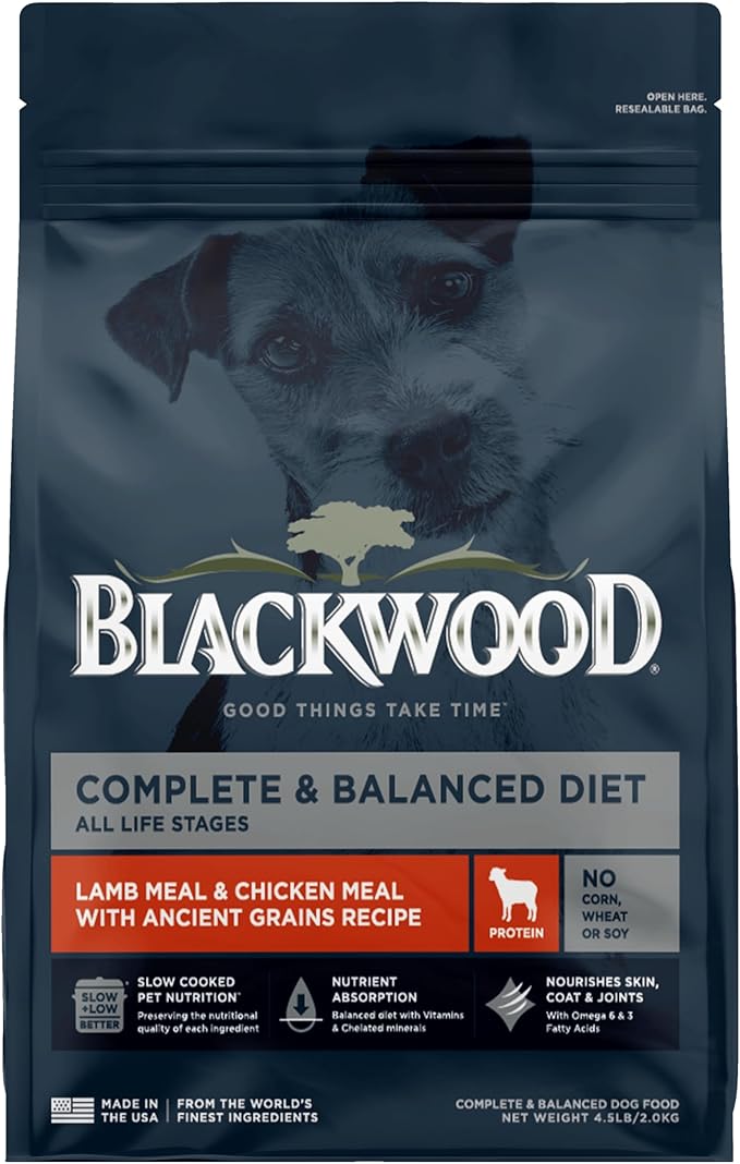 Blackwood Complete & Balanced Diet Dry Dog Food, Lamb Meal & Chicken Meal with Ancient Grains, 4.5 Pound Bag, Slow Cooked with Vitamins & Minerals