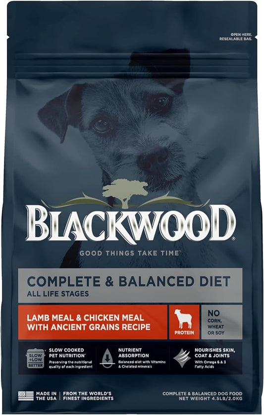 Blackwood Complete & Balanced Diet Dry Dog Food, Lamb Meal & Chicken Meal with Ancient Grains, 4.5 Pound Bag, Slow Cooked with Vitamins & Minerals