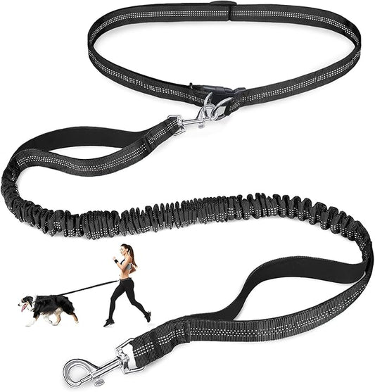 Hands Free Dog Leash, Adjustable Waist Leash for Dog Walking, Dual Bungee 4.2-6.7 Feet Long with Reflective Stitches for Walking Hiking Running, Fits 26"- 43" Inch Waist, Black