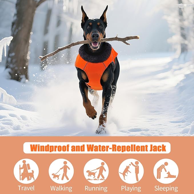 DENTRUN Extra Large Warm Dog Jacket - Windproof Water Repellent Reflective Coat, Adjustable Plush Turtleneck, Easy Wear Fleece Lined Cold Weather Vest for Great Dane, Orange, XXXL