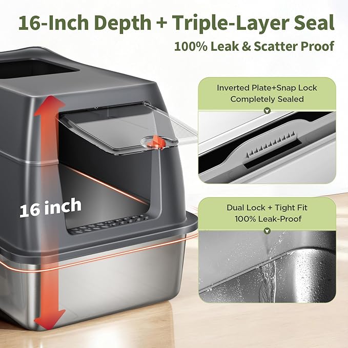 Gimars XL 3-in-1 (Enclosed/Semi-Enclosed/Open) Dual Top/Front Entry Stainless Steel Litter Box with Lid, 16" High Walls, Leak-Proof, Odor Control, Dog-Proof — for Kittens, Big Cats & Multi-Cat Homes